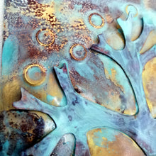 Load image into Gallery viewer, Metalwork long wall panel in copper & brass featuring seahorse with seaweed handmade by Sharon McSwiney