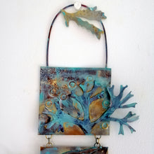 Load image into Gallery viewer, Metalwork long wall panel in copper & brass featuring seahorse with seaweed handmade by Sharon McSwiney