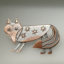 Load image into Gallery viewer, Fox brooch with stars on its body in a copper finish handmade by Sharon McSwiney
