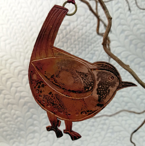 Jenny wren bird decoration in copper handmade by Sharon McSwiney 