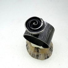 Load image into Gallery viewer, Spiral shell silver textured adjustable ring oxidised silver
