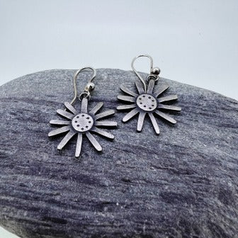 Large daisy oxidised silver earrings