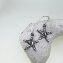 Load image into Gallery viewer, Oxidised silver starfish drop earrings
