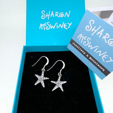 Load image into Gallery viewer, Oxidised silver starfish drop earrings
