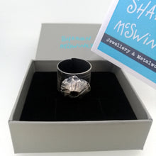 Load image into Gallery viewer, Barnacle adjustable ring in oxidised silver handmade by Sharon McSwiney in a giftbox
