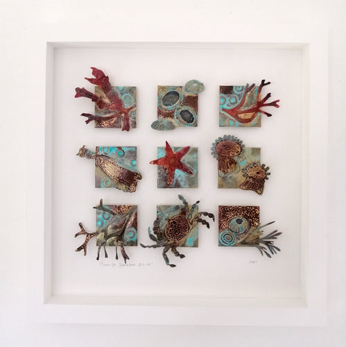 Metalwork picture with seaweed & sea creatures in copper & brass handmade by Sharon McSwiney