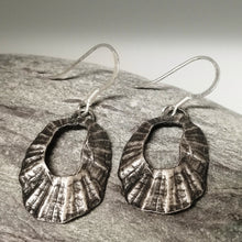Load image into Gallery viewer, Marazion limpet shell oxidised silver drop earrings handmade by Sharon McSwiney
