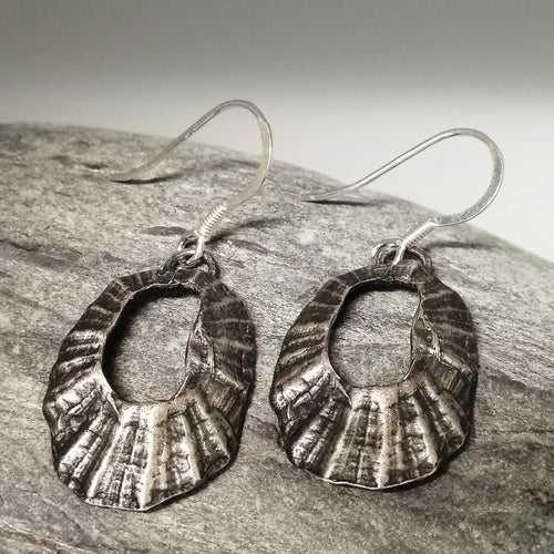 Marazion limpet shell oxidised silver drop earrings handmade by Sharon McSwiney