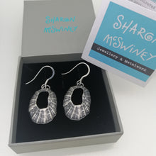 Load image into Gallery viewer, Marazion limpet shell oxidised silver drop earrings handmade by Sharon McSwiney in a giftbox
