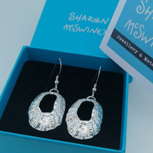 Load image into Gallery viewer, Silver Marazion limpet shell earrings handmade by Sharon McSwiney in a gift box
