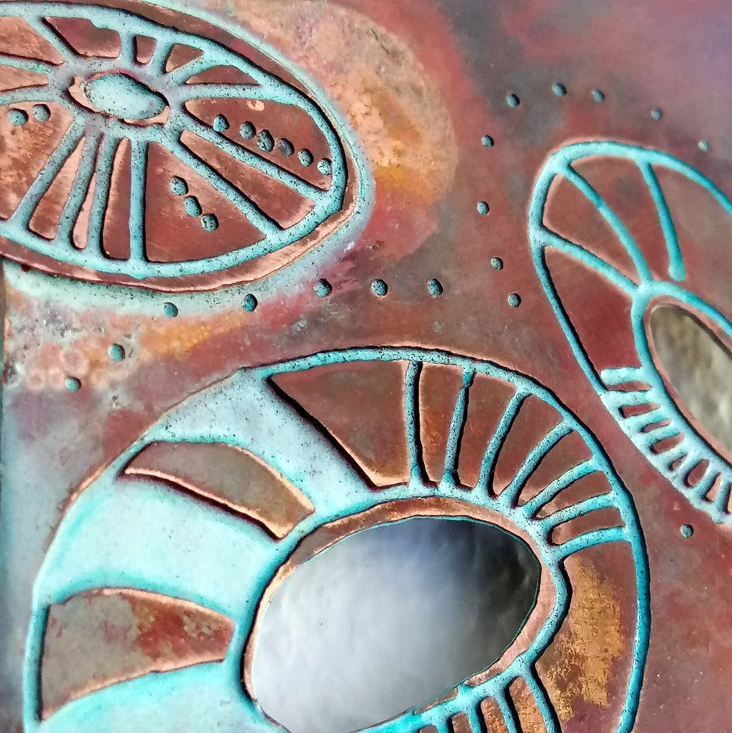 Mini metalwork wall panel detail with etched limpet designs by Sharon McSwiney