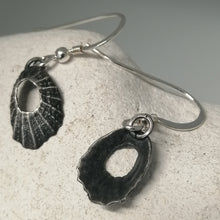 Load image into Gallery viewer, Tiny Marazion limpet drops in oxidised silver handmade by Sharon McSwiney
