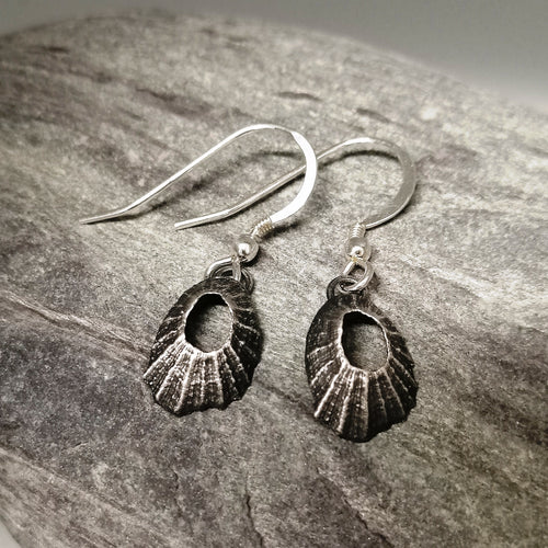 Tiny Marazion limpet drops in oxidised silver handmade by Sharon McSwiney
