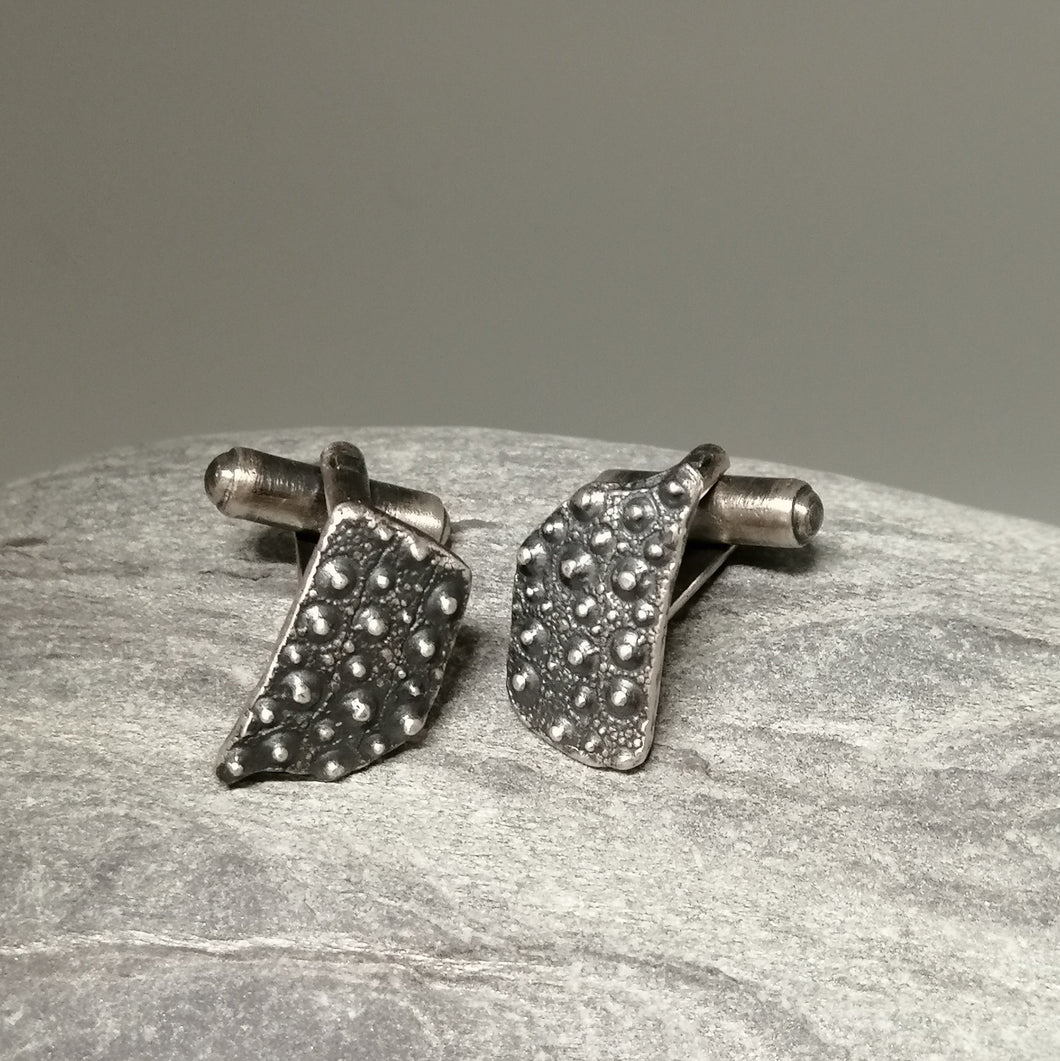 Oxidised sterling silver sea urchin beach find fragment handmade cuff links by Sharon McSwiney 