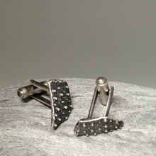 Load image into Gallery viewer, Oxidised sterling silver sea urchin beach find fragment handmade cuff links by Sharon McSwiney 
