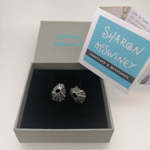 Load image into Gallery viewer, Sennen Cove limpet shell earrings in oxidised sterling silver handmade by Sharon McSwiney in a giftbox
