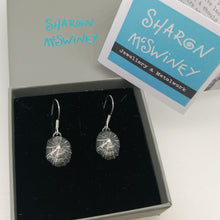 Load image into Gallery viewer, Oxidised small Marazion limpet shell drop earrings handmade by Sharon  McSwiney in a gift box
