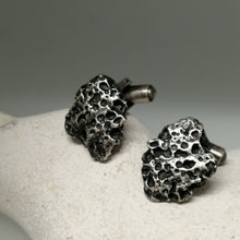 Load image into Gallery viewer, Oxidised Silver Handmade Textured Porthmeor Beach Cuff links by Sharon McSwiney, St Ives
