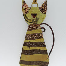 Load image into Gallery viewer, Striped brass cat decoration handmade by Sharon McSwiney
