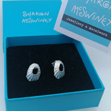 Load image into Gallery viewer, Sterling silver tiny Marazion limpet shell stud earrings handmade by Sharon McSwiney in a gift box
