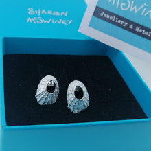 Load image into Gallery viewer, Sterling silver tiny Marazion limpet shell stud earrings handmade by Sharon McSwiney in a gift box
