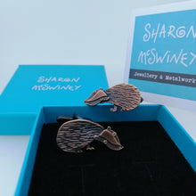Load image into Gallery viewer, Badger cuff links in a copper finish handmade by Sharon McSwiney in a gift box
