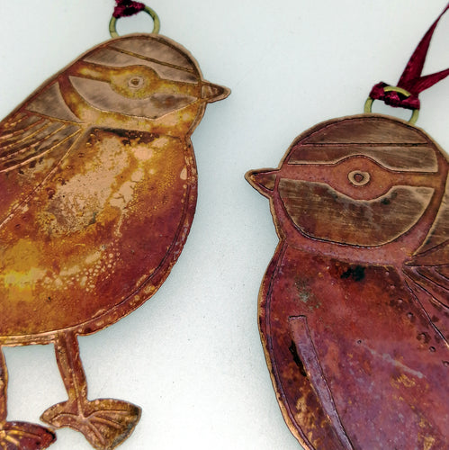 Bluetit bird decoration in copper handmade by Sharon McSwiney 