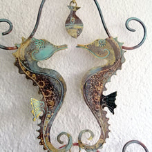 Load image into Gallery viewer, Seahorse couple in etched copper &amp; brass handmade by Sharon McSwiney
