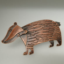 Load image into Gallery viewer, badger brooch in a copper finish handmade by Sharon McSwiney  in a gift box
