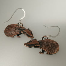 Load image into Gallery viewer, Badger earrings in a copper finish with silver hooks handmade by Sharon McSwiney
