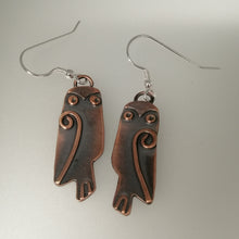 Load image into Gallery viewer, owl earrings with drop fitting handmade by Sharon McSwiney
