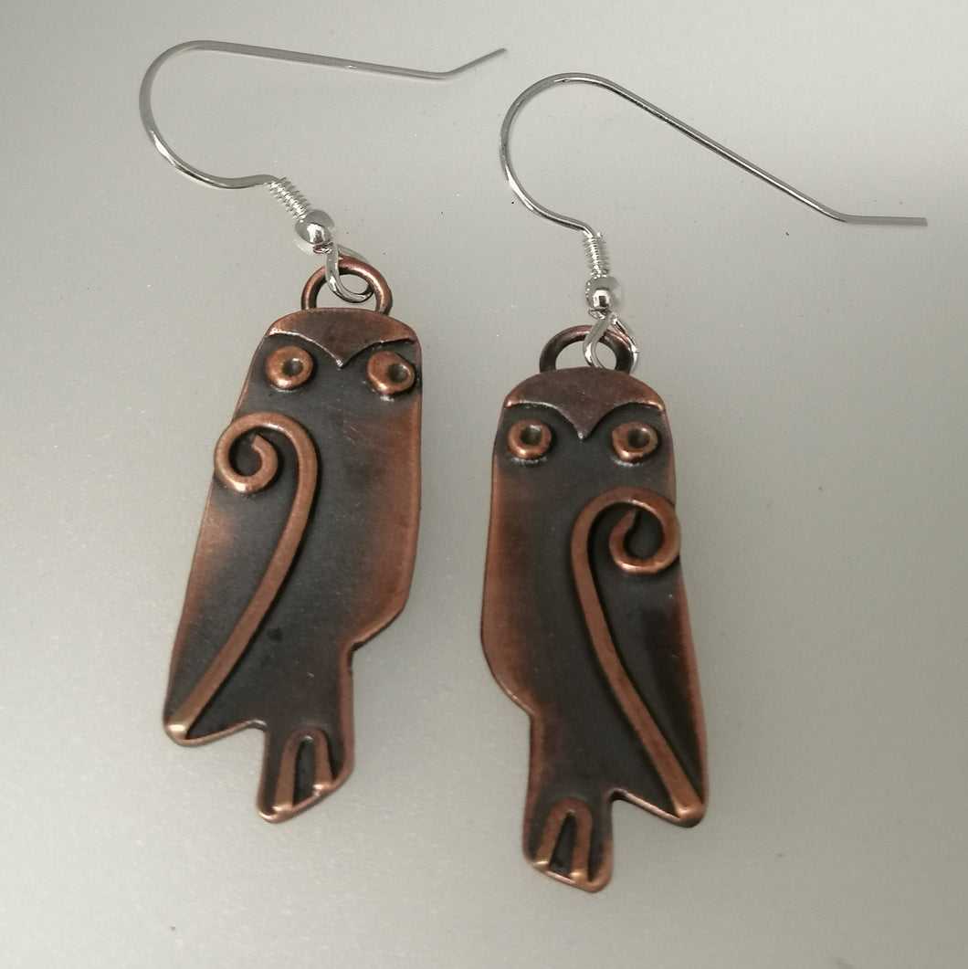 owl earrings with drop fitting handmade by Sharon McSwiney