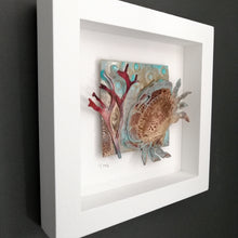 Load image into Gallery viewer, Crab in brass with copper seaweed framed metalwork handmade by Sharon McSwiney
