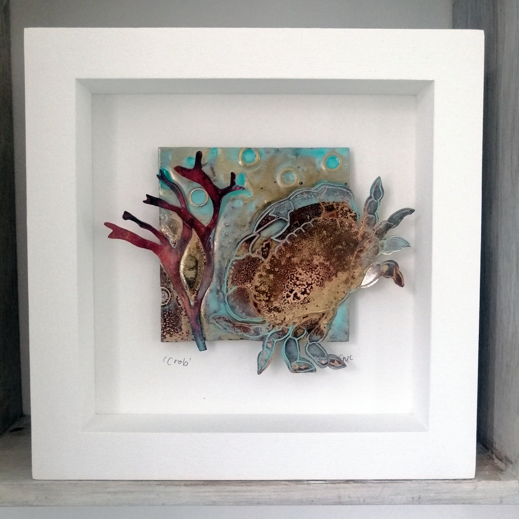 Crab in brass with copper seaweed framed metalwork handmade by Sharon McSwiney