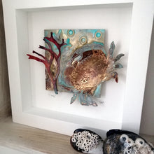 Load image into Gallery viewer, Crab in brass with copper seaweed framed handmade by Sharon McSwiney
