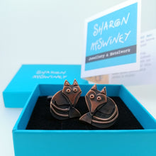 Load image into Gallery viewer, fox cuff links in a copper finish handmade by Sharon McSwiney in a gift box
