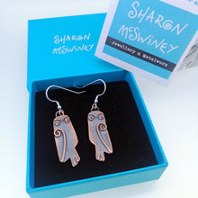 Load image into Gallery viewer, owl earrings with drop fitting handmade by Sharon McSwiney in gift box

