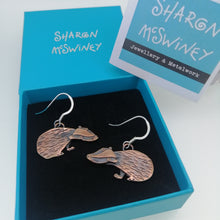 Load image into Gallery viewer, Badger earrings in a copper finish with silver hooks handmade by Sharon McSwiney in a gift box
