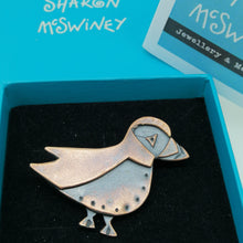 Load image into Gallery viewer, Puffin brooch in a copper finish handmade by Sharon McSwiney in a gift box
