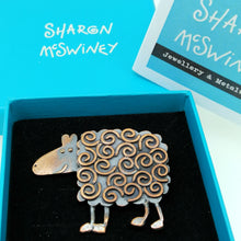 Load image into Gallery viewer, copper coloured sheep brooch with swirly pattern handmade by Sharon McSwiney in a gift box

