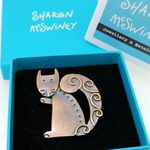Load image into Gallery viewer, Squirrel brooch in a copper finish handmade by Sharon McSwiney in a gift box

