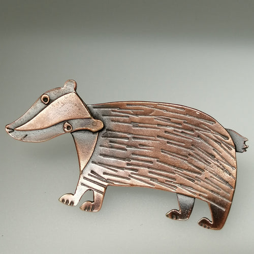 badger brooch in a copper finish handmade by Sharon McSwiney  in a gift box