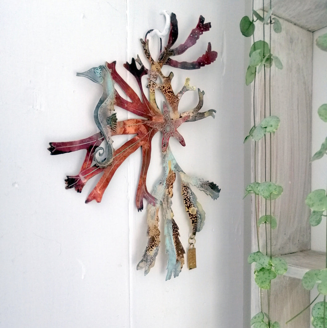 Seaweed & seahorse wall art in copper & brass handmade by Sharon McSwiney