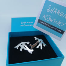 Load image into Gallery viewer, Seaweed frond stud earrings in sterling silver handmade by Sharon McSwiney in a gift box
