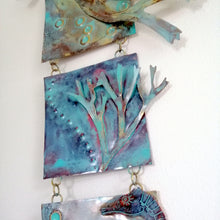 Load image into Gallery viewer, Metalwork long wall panel in copper &amp; brass featuring seahorse with seaweed handmade by Sharon McSwiney
