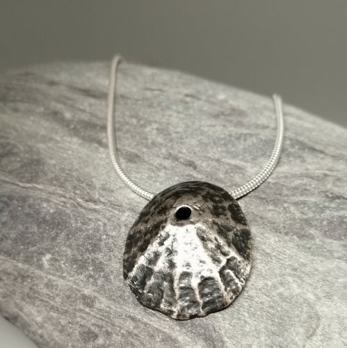 Oxidised Sennen Cove Limpet pendant necklace handmade by Sharon McSwiney, St Ives