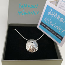 Load image into Gallery viewer, Sennen Cove limpet shell in sterling silver handmade pendant necklace by Sharon McSwiney in gift box
