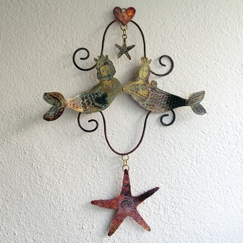 Handmade mermaid couple wall hanging in copper & brass by Sharon McSwiney