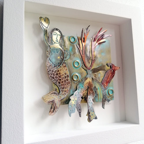 Framed mermaid with heart picture handmade in St Ives by Sharon McSwiney
