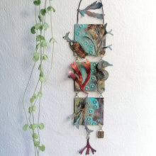 Load image into Gallery viewer, Metalwork wall panel with 3 sections featuring seaweed, a seahorse &amp; mermaids purse handmade by Sharon McSwiney
